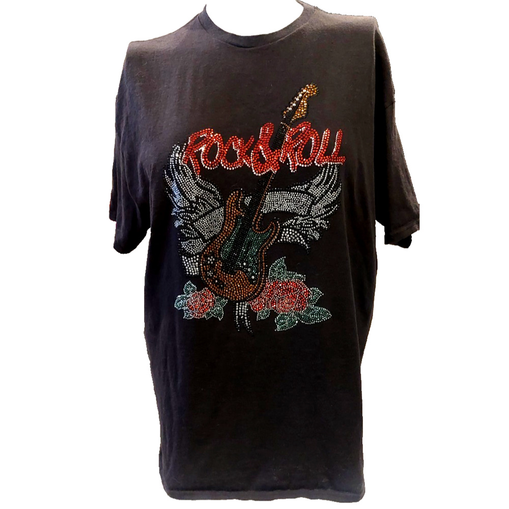 ROCK 'N ROLL Women's Rhinestone on Black Crew Neck Shortsleeve T-shirt Size XL
